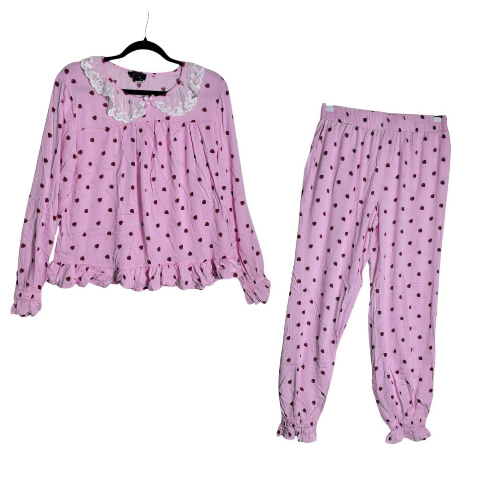 Sweet Society Pink Strawberry Pajama Set Lace Collar Ruffle Top Joggers Medium